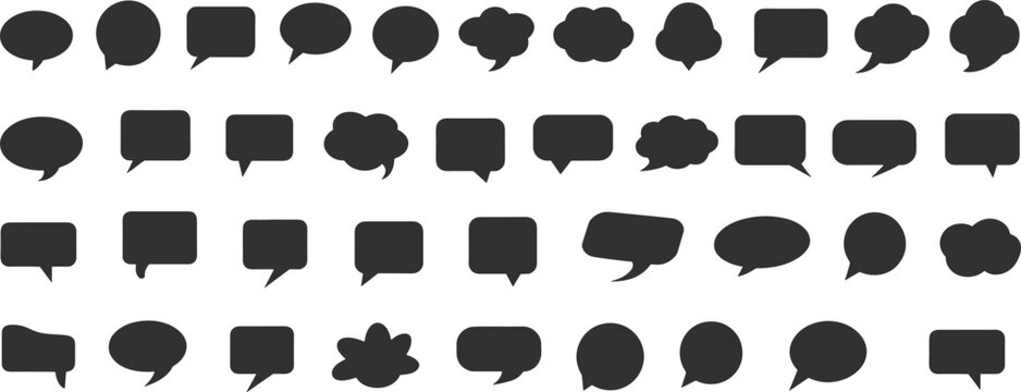 Forty solid black speech and thought bubble shapes arranged in four rows Keywords: speech bubble, thought bubble, chat icon