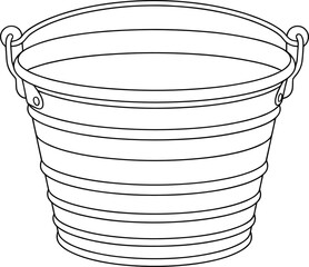 Metal Bucket Line Art Vector Illustration with Handle, Household Container Outline Drawing, and Simple Industrial Utility Design