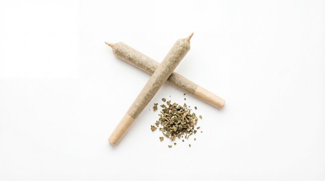 Two cannabis joints crossed with loose marijuana on white background.