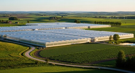 Modern Greenhouse Complex in Agricultural Landscape