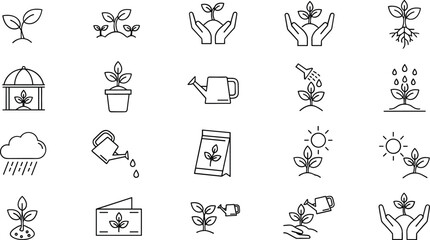 Plant Growth and Gardening Line Icon Set with Sprout, Watering Can, Greenhouse and Sunlight Symbols Vector Collection