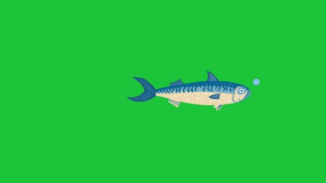 Cartoon fish swims across a green screen background with gentle fin motion and a single rising bubble perfect for looping kids educational clipset fun