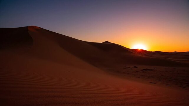 A sunlit desert scene showcases wind-carved dunes under a vast, cloudless blue sky