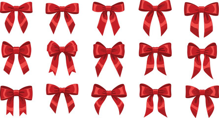 Red Ribbon Bow Set Vector Illustration with Decorative Gift Bows, Festive Holiday Decorations, and Elegant Celebration Design Elements