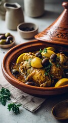 Fototapeta premium Savory Chicken Tagine With Olives and Lemon Slices Garnished With Parsley and Spices