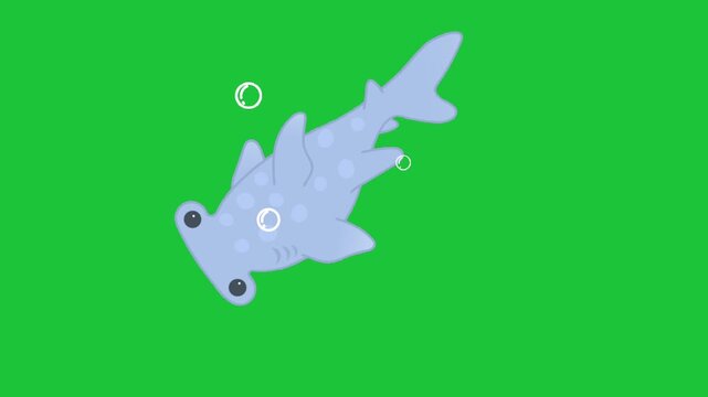 Playful hammerhead shark animation gliding across a vivid green sea with soft bubbles and smooth looped motion ideal for kids educ and marine clip fun