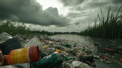 Fototapeta premium Polluted Marshland With Abundant Trash Accumulation Under Overcast Skies