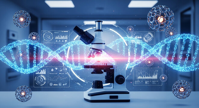 High Tech Medical Laboratory Background with Glowing DNA Helix and Nanobots