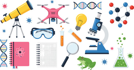 Science Education Vector Icon Set with Microscope, DNA Helix, Telescope, Drone, Lab Equipment, Molecule Model and Biology Elements Collection