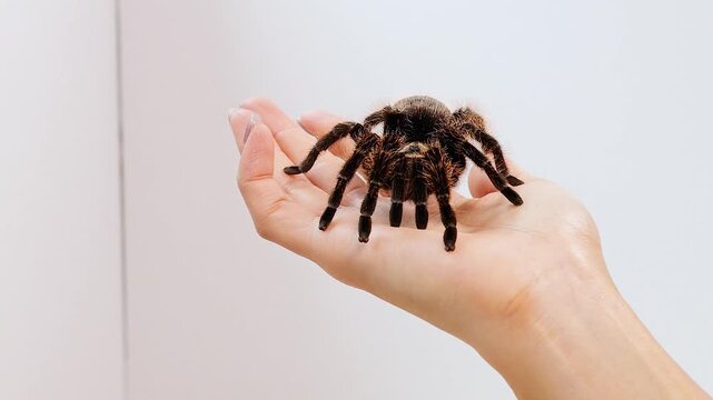 Close Up of Large Hairy Tarantula Crawling on Human Hand