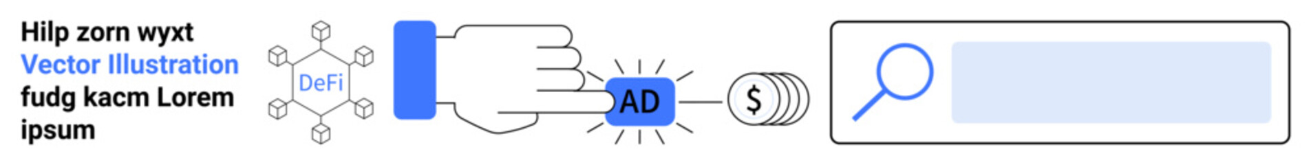 Obraz premium Blockchain technology, financial transactions, decentralized finance, digital marketing, cryptocurrency, data security. Hand activating digital ad linking to crypto unit. Blockchain and financial