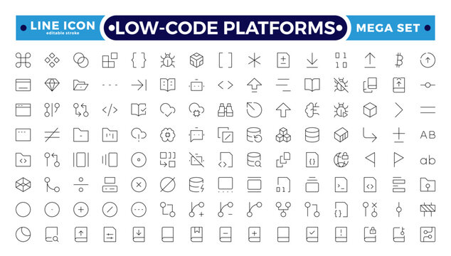 Low coding outline icons set. Simplify, Efficiency, Intuitive, Agile, Rapid, Streamline, Productivity vector symbols and line concept signs. Automate,Scalable,Flexibility Editable stroke outline icon.