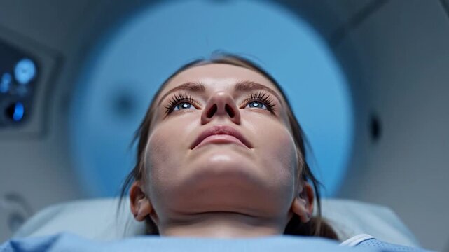Young adult woman lies in medical scanner during diagnostic procedure