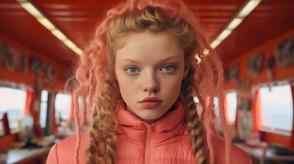 Obraz premium Young Girl with Braided Pink Hair in Red Jacket