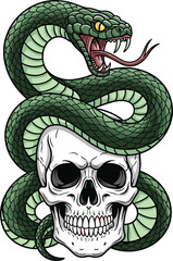 Venomous Snake Coiled Around Skull Illustration, Dark Gothic Tattoo Style with Fangs and Creepy Horror Vector Design