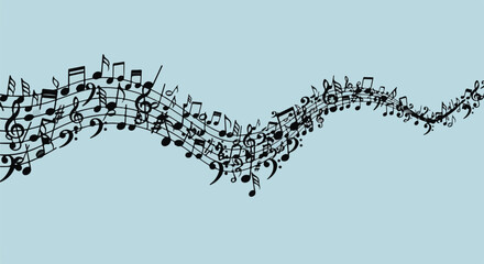 A flowing musical staff with various notes and symbols on a blue background © Umia