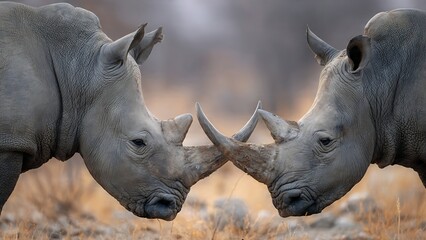 Two Rhinos Interacting in Close-Up View with Soft Focus Background