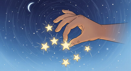 Hand Reaching for Sparkling Stars Illustration. © Anik
