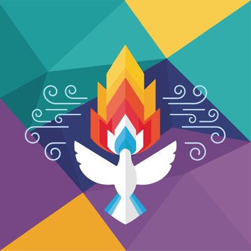 A geometric dove above stylized flames, winds, and colored backdrop