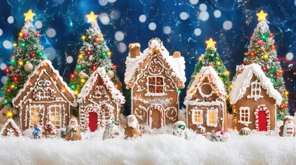 Fototapeta premium Whimsical Gingerbread Village Adorned with Twinkling Christmas Lights and Festive Decorations