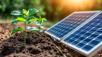 Fototapeta premium Young plant sprouts near a solar panel in a sustainable agricultural setting
