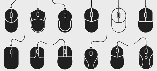 Array of twelve computer mouse icons in a minimalist silhouette style, offering a variety of designs for technology, computing, and digital interface elements. © abdur