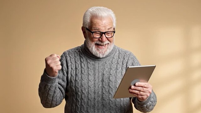 Elderly man with white beard celebrates digital achievement holding tablet and raising fist with excitement