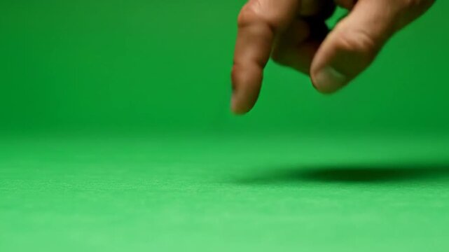 A human hand with fingers poised to tap or pick up something on a vibrant green screen background.