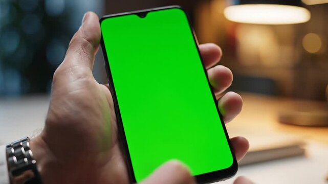 A person's hand holding a modern smartphone with a bright green screen for easy content replacement.