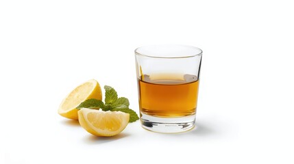 Refreshing glass of citrus-infused drink with lemon slices and mint garnish on a white background