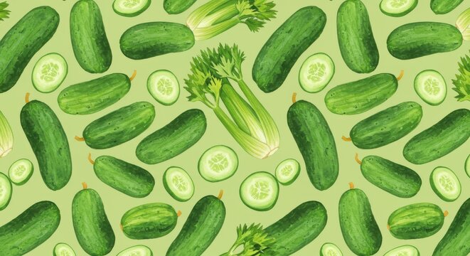 Watercolor Cucumber and Celery Pattern on Light Green Background, Fresh and Vibrant