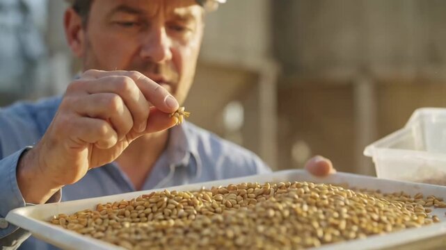 Farmer inspecting grains for quality and safety during harvest to promote food safety awareness and contamination prevention in agriculture