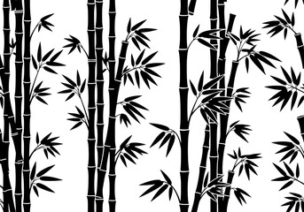 Black silhouetted bamboo plants stand tall in a serene forest landscape illustration viewed from the side