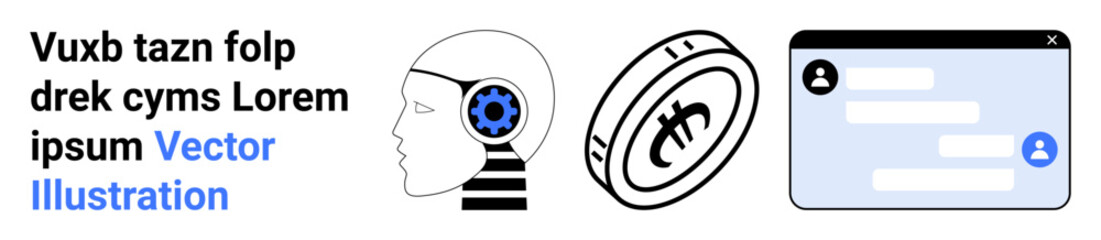 Fototapeta premium Digital identity, cryptocurrency, blockchain, online communication, technology, innovation. Human head with gear, cryptocurrency coin chat interface. Digital identity and cryptocurrency concepts