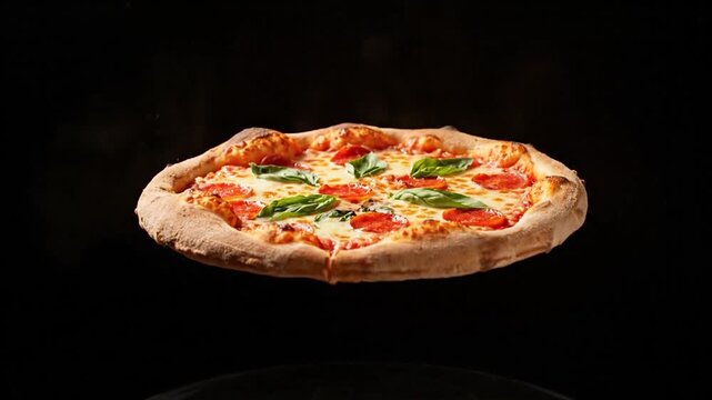 A freshly baked, hot pizza with melting cheese, pepperoni, and basil floating on black