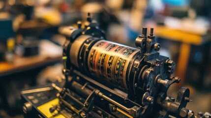 Fototapeta premium Intricate offset printing press machinery in a modern print shop, showcasing complex industrial operations with natural light