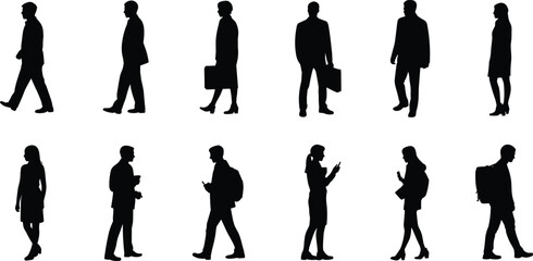 Fototapeta premium Collection of human silhouettes in walking and standing poses with business and casual attire, accessories, and lifestyle vector design