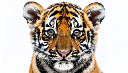 Obraz premium Close-up portrait of a cute tiger cub with striking eyes and distinctive stripes, isolated on a white background.