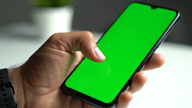 A person's hand holding a smartphone with a green screen, showing a thumb interacting with the display.