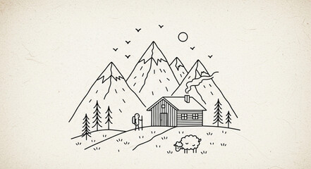 Hand drawn mountain landscape with cabin and sheep. © Anik