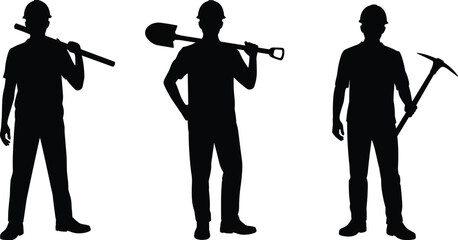 Construction worker silhouettes with shovel and pickaxe tools, industrial labor isolated on white background © MstNilufar