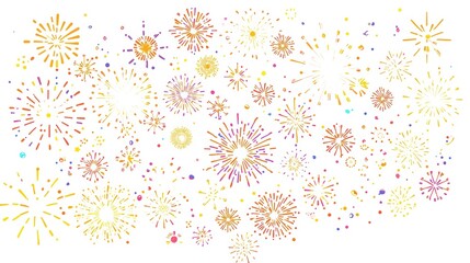 Celebratory fireworks display with colorful bursts and scattered sparks against a light background