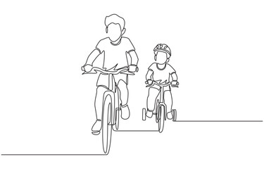 Continuous one line drawing of siblings riding bicycle togther, leisure activity for siblings concept, single line art.