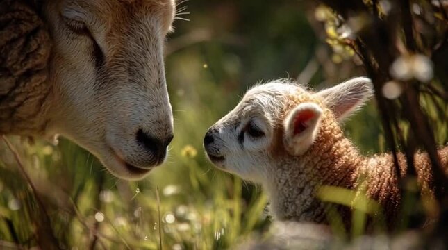Tender moment between lamb and ewe in a lush green meadow.