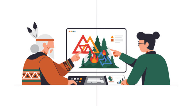 An indigenous man and a modern woman are pointing at a computer screen displaying a divided forest with abstract shapes and fire, Generative AI.