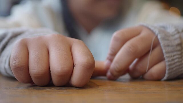 Fingers interlock on a wooden table during a quiet moment