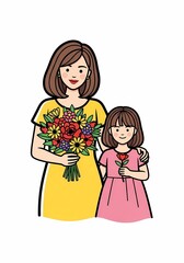 親子で花束 優しく微笑む