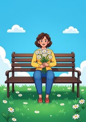 女性が花束持ち微笑む