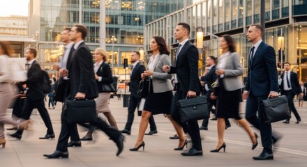 Obraz premium A group of business professionals walking in a city street at dusk, dressed in formal attire, carrying briefcases, and wearing suits and ties.