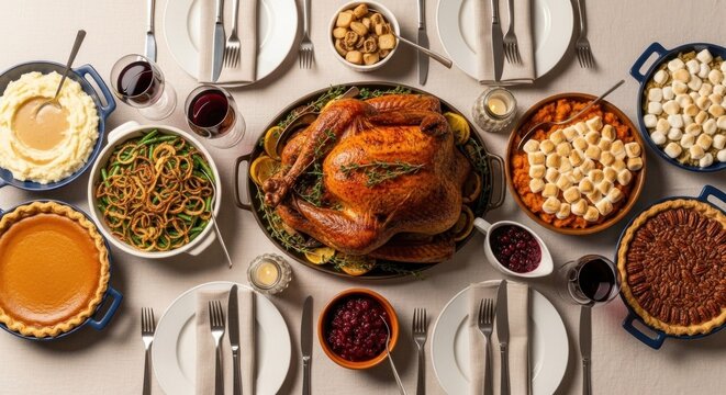 A beautifully arranged Thanksgiving table with a roasted turkey, side dishes, and a variety of Thanksgiving decorations.